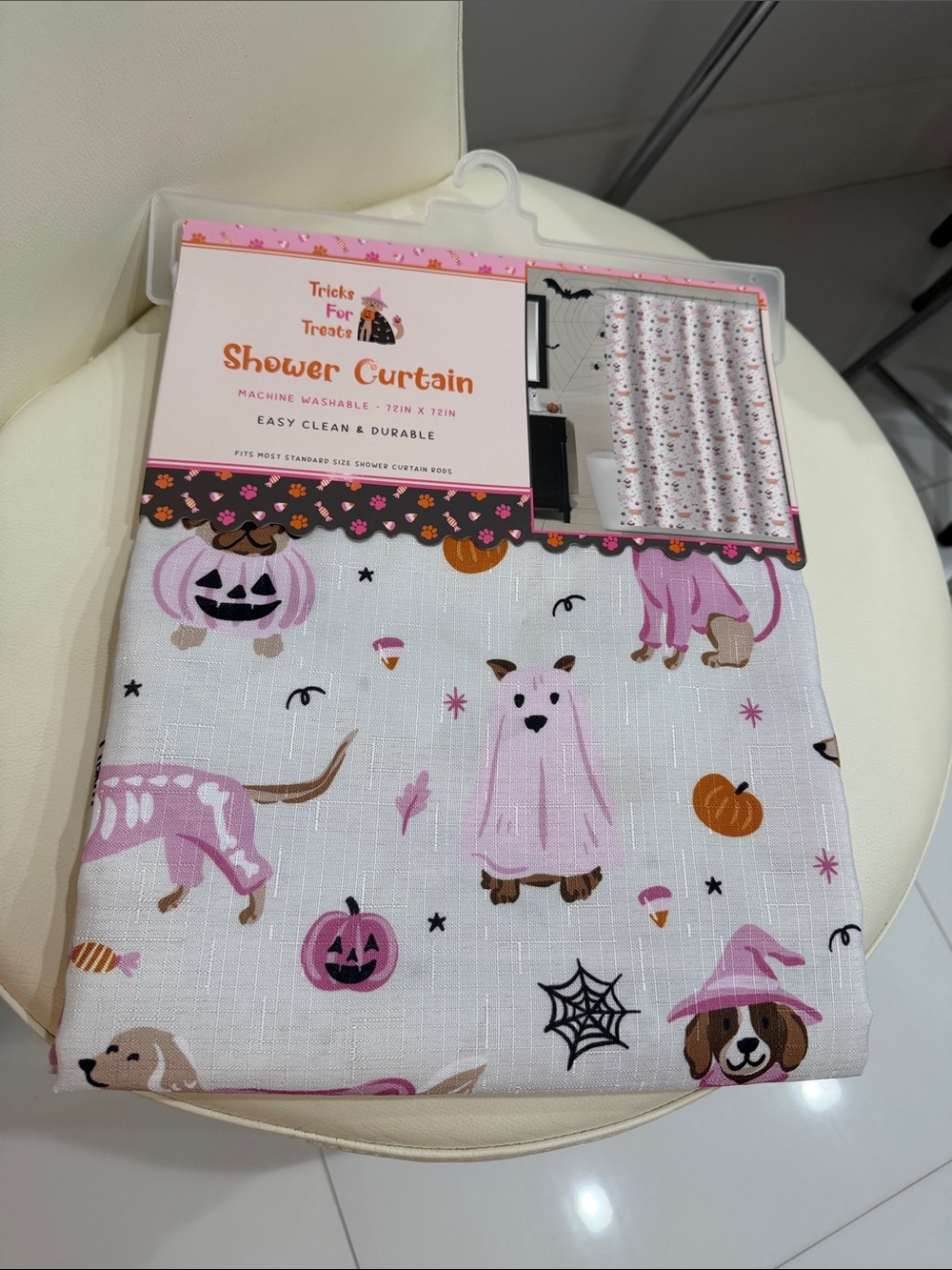 Halloween Pink/Orange/Black Dog Costume/Pumpkins/Spider Webs Shower Curtain